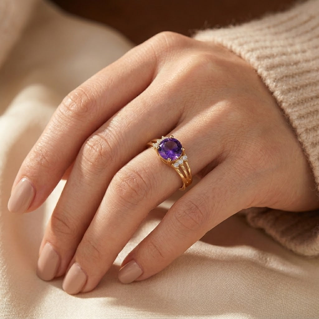 Gold Amethyst Split Shank Ring by Harrison & James - ring product image 2
