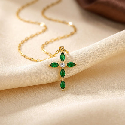 Gold Emerald Marquise Cross Necklace by Harrison & James - necklace product image 1