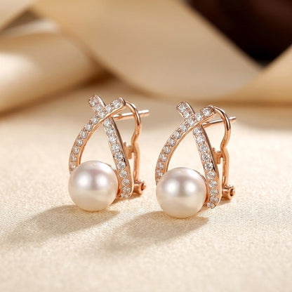 Gold Crisscross Pearl Stud Earrings by Harrison & James - earrings product image 2