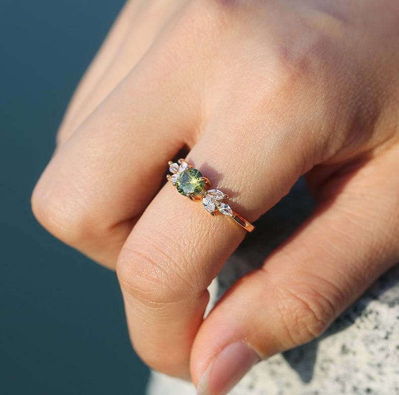 GREEN PERIDOT GOLD DAINTY LEAF RING by Harrison & James - ring product image 2