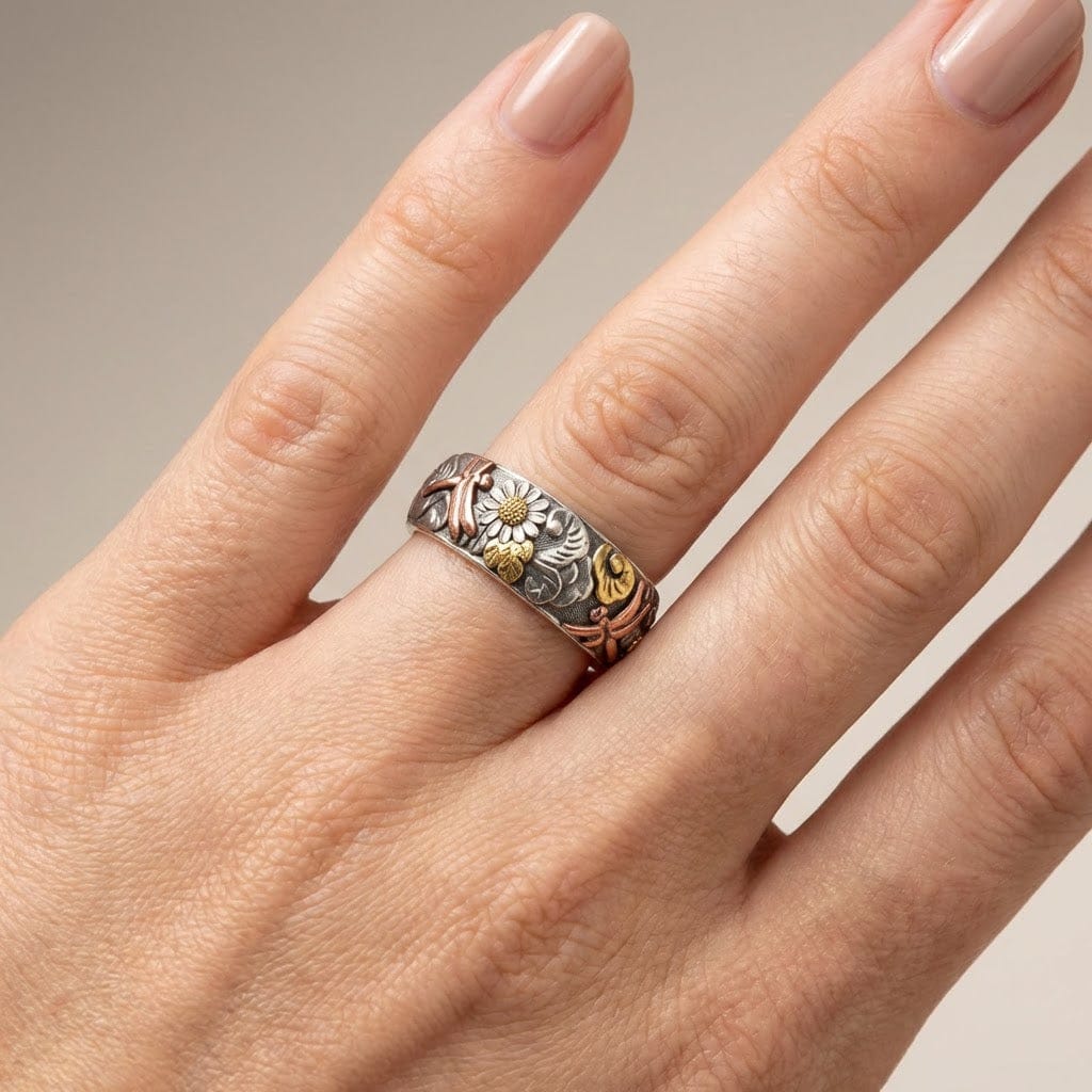 HANDMADE DRAGONFLY & SUNFLOWER VINTAGE SILVER RING by Harrison & James - ring product image 2