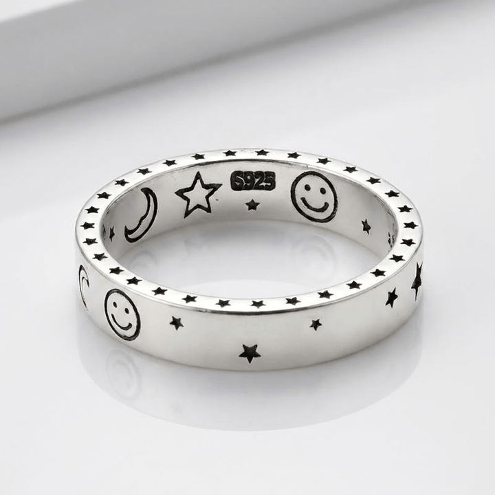 HAPPY MOON & STARS SILVER BAND RING - (ADJUSTABLE) by Harrison & James - ring product image 1