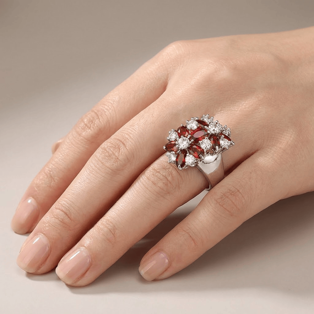 RED GARNET CLUSTER SILVER FLOWER RING by Harrison & James - ring product image 3
