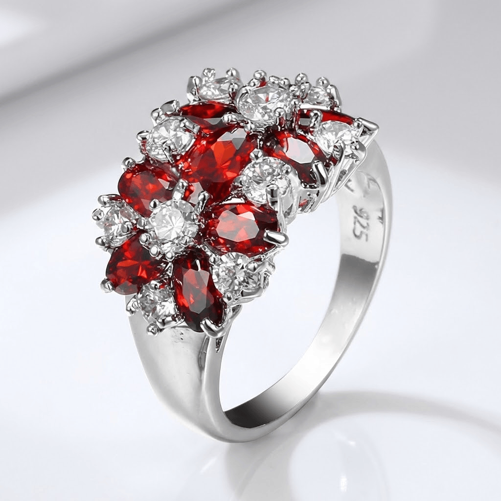 RED GARNET CLUSTER SILVER FLOWER RING by Harrison & James - ring product image 1