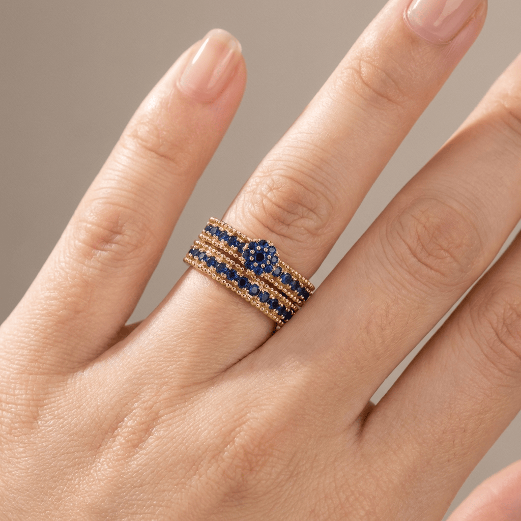 BLUE SAPPHIRE GOLD STACKING BAND SET by Harrison & James - ring product image 2