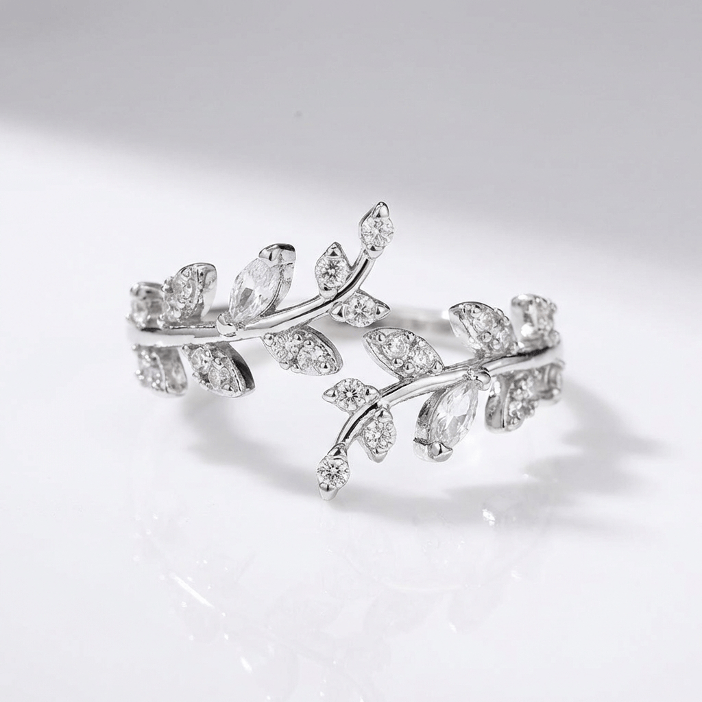CRYSTAL LEAF VINE SILVER RING - (ADJUSTABLE) by Harrison & James - ring product image 1