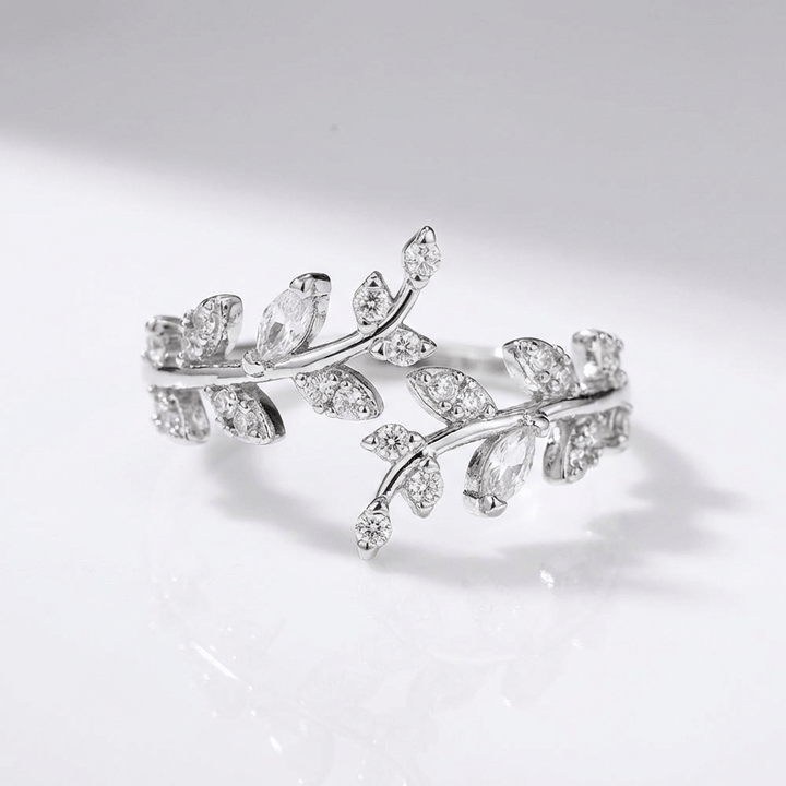 CRYSTAL LEAF VINE SILVER RING - (ADJUSTABLE) by Harrison & James - ring product image 1