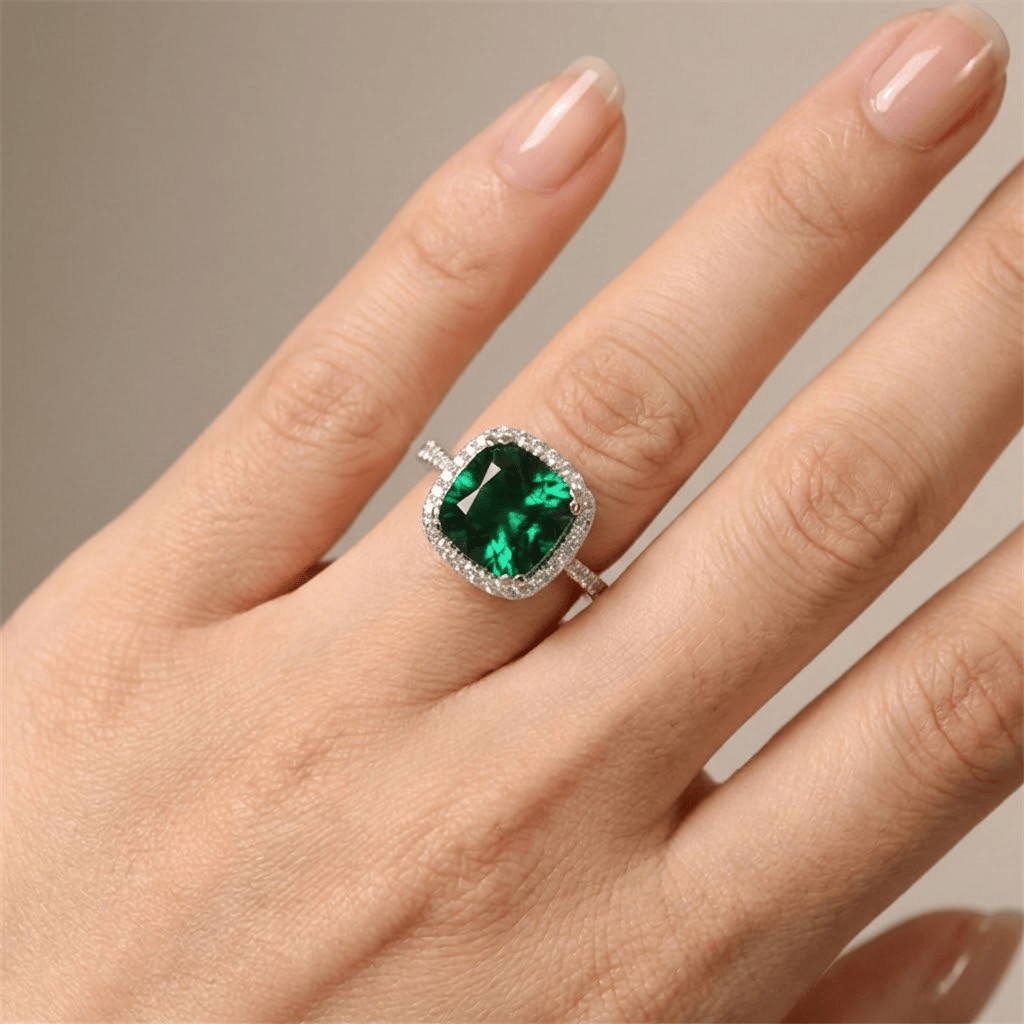 GREEN EMERALD CUSHION HALO RING by Harrison & James - ring product image 2