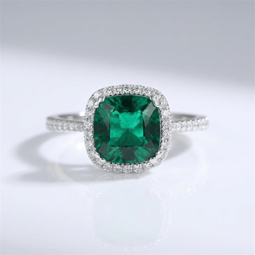 GREEN EMERALD CUSHION HALO RING by Harrison & James - ring product image 1