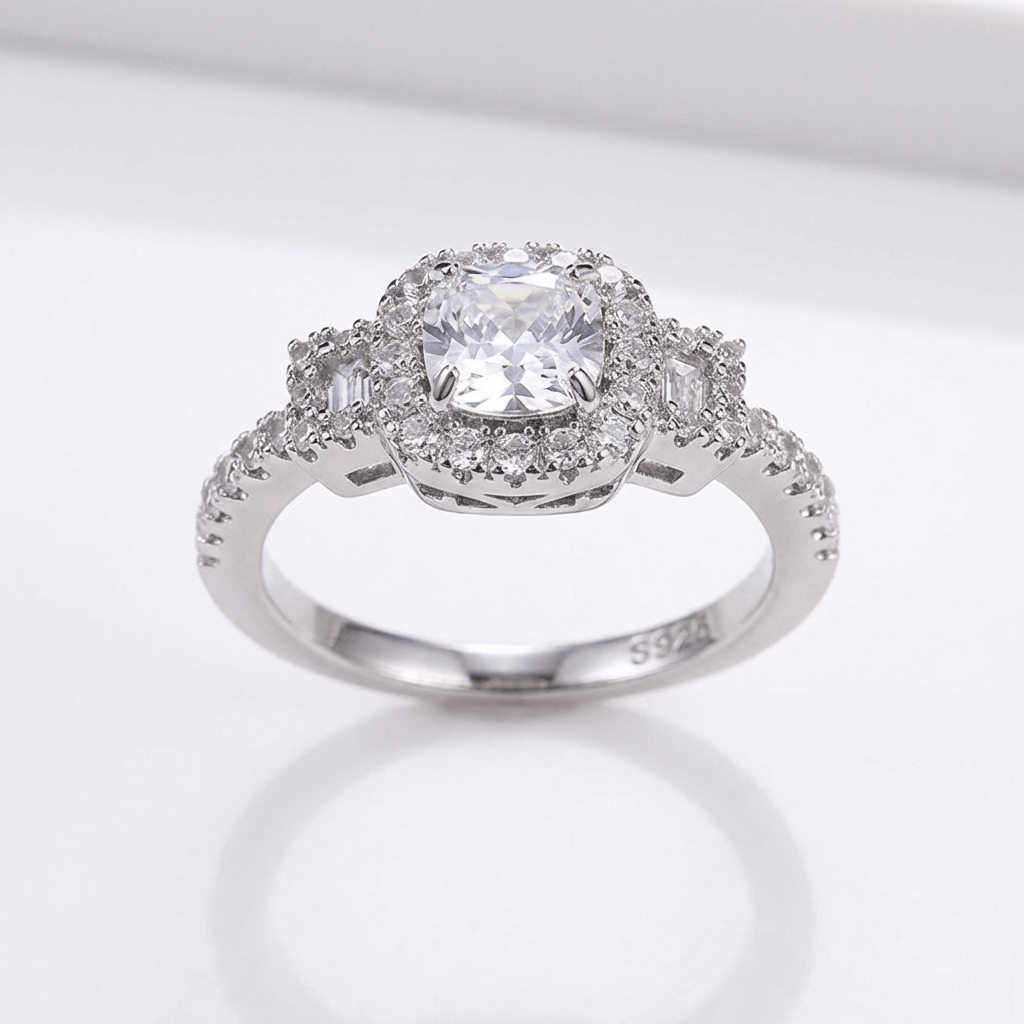 SILVER CUSHION DIAMOND HALO RING by Harrison & James - ring product image 1