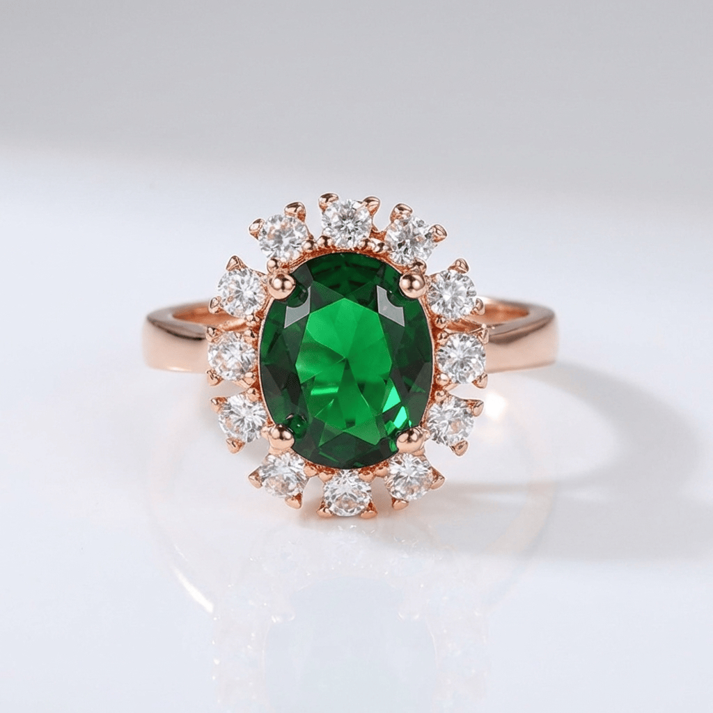 ROSE GOLD EMERALD DIAMOND HALO RING - (ADJUSTABLE) by Harrison & James - ring product image 1