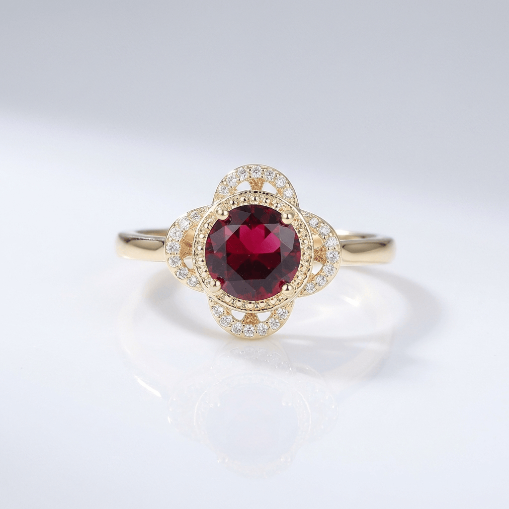 GOLD RUBY DIAMOND HALO RING by Harrison & James - ring product image 1