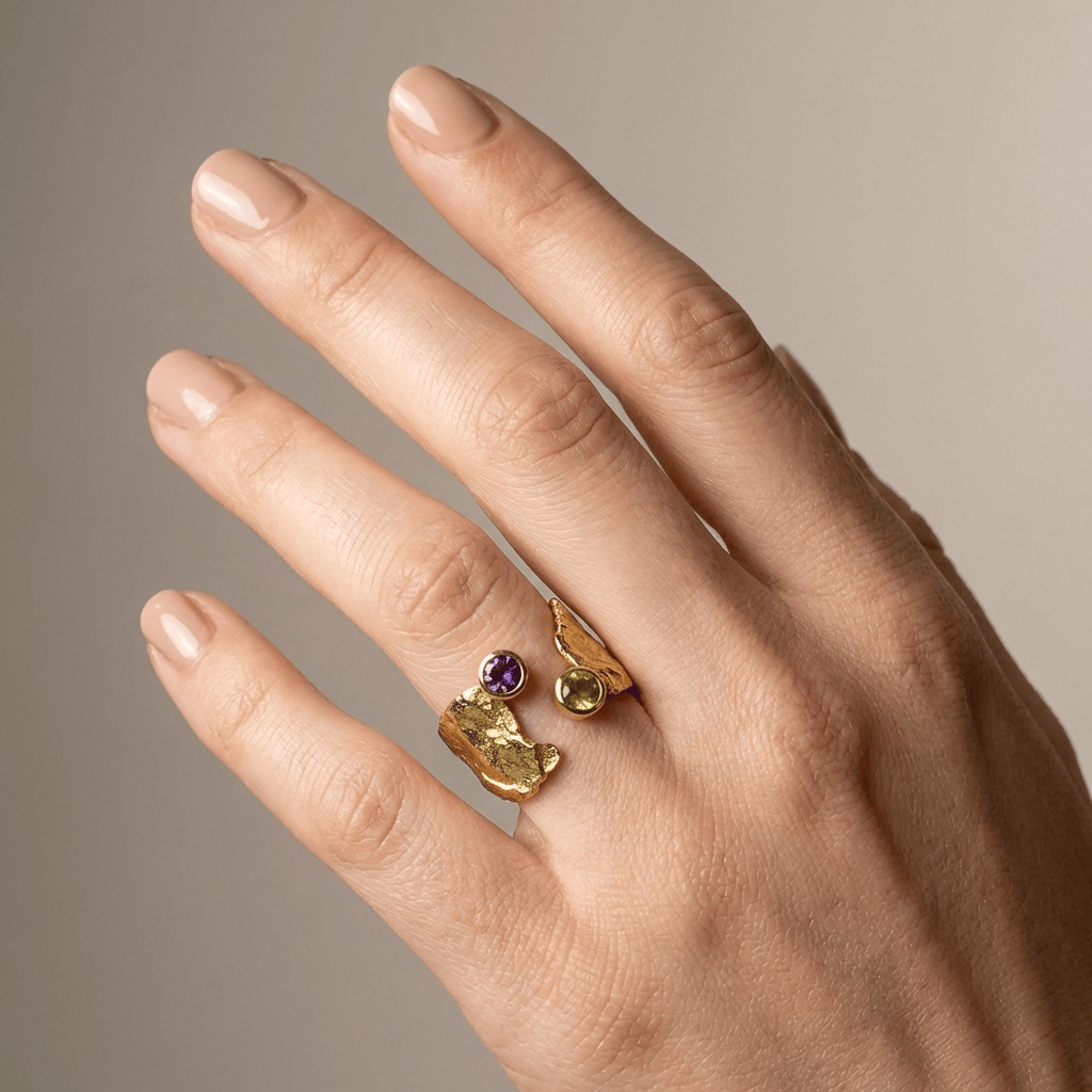 RUSTIC GOLD AMETHYST & PERIDOT RING - (ADJUSTABLE) by Harrison & James - ring product image 2
