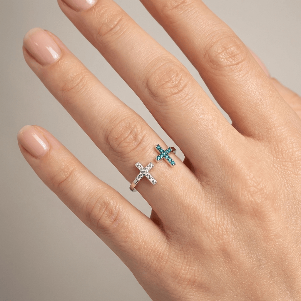 DOUBLE CROSS TURQUOISE & SILVER RING - (ADJUSTABLE) by Harrison & James - ring product image 2