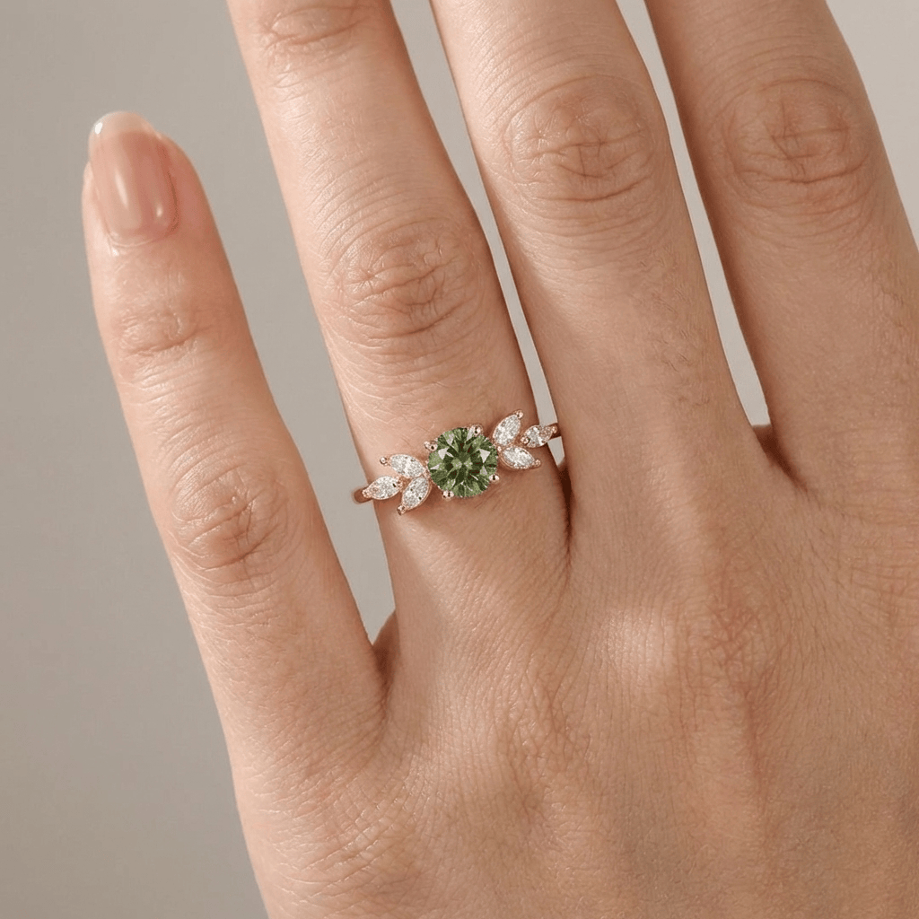 GREEN PERIDOT GOLD DAINTY LEAF RING by Harrison & James - ring product image 3