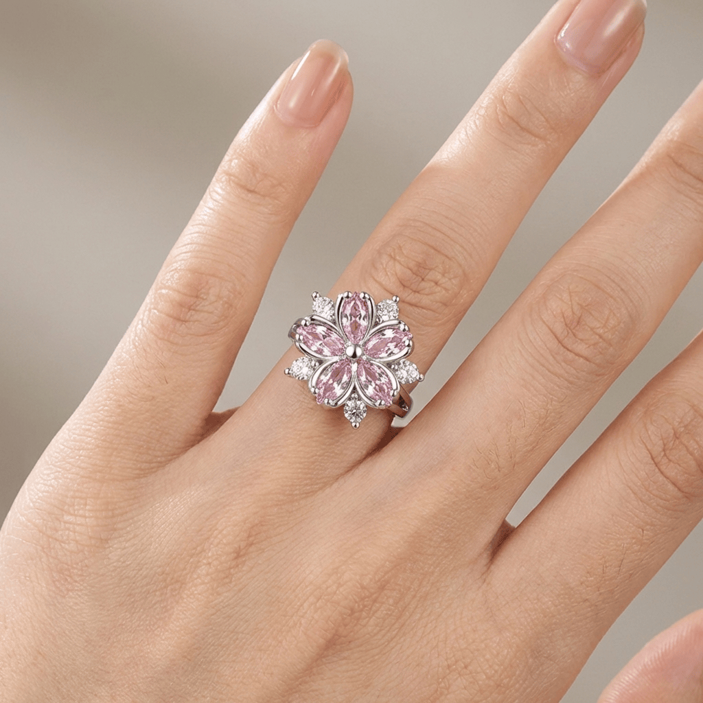 PINK CHERRY BLOSSOM CRYSTAL SILVER RING - (ADJUSTABLE) by Harrison & James - ring product image 2