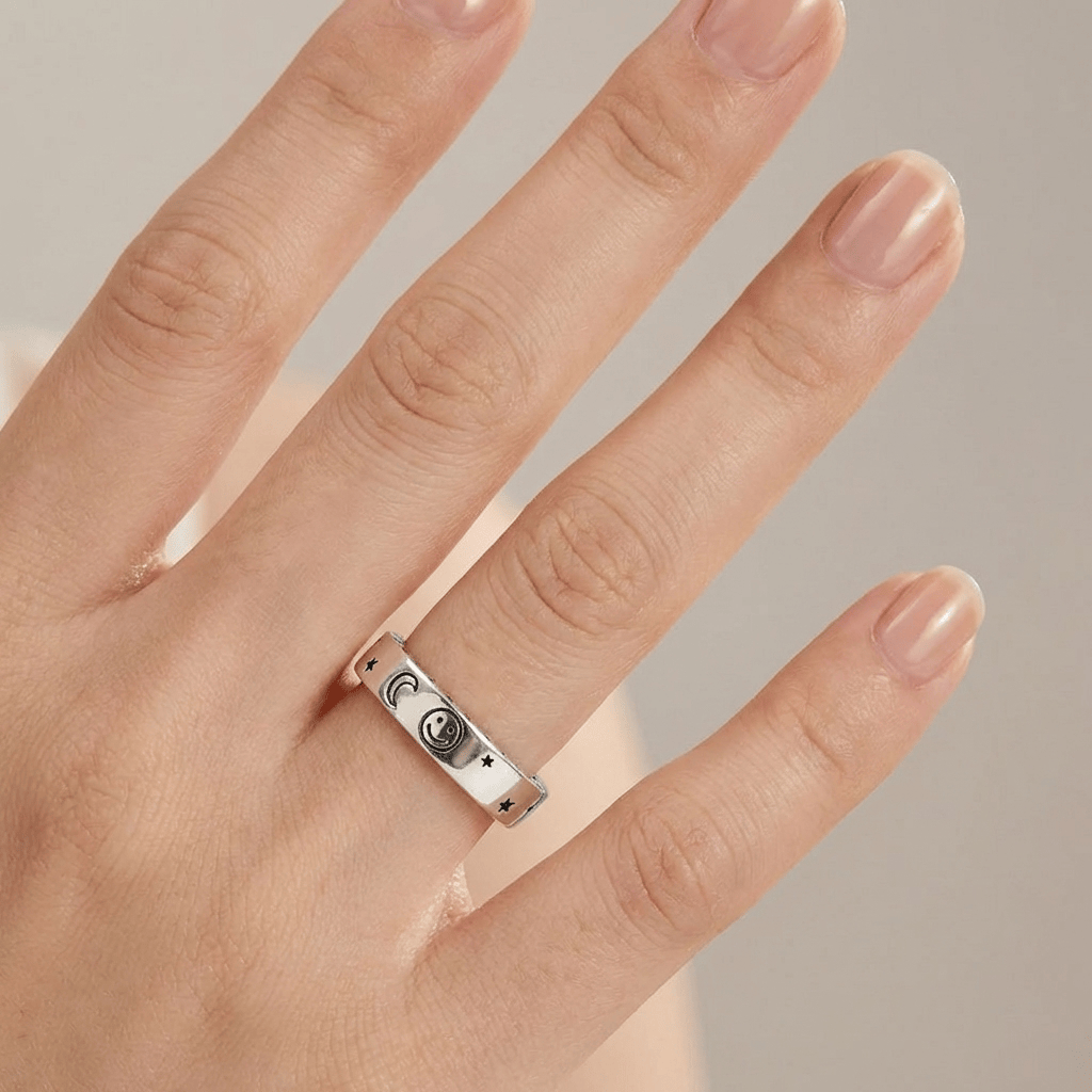 HAPPY MOON & STARS SILVER BAND RING - (ADJUSTABLE) by Harrison & James - ring product image 2