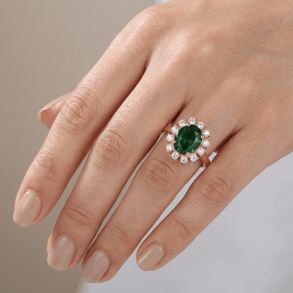 ROSE GOLD EMERALD DIAMOND HALO RING - (ADJUSTABLE) by Harrison & James - ring product image 2