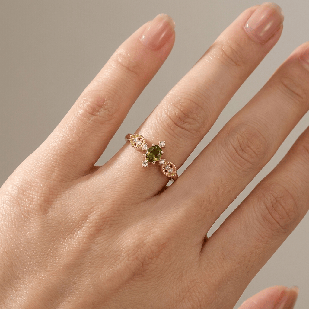 OLIVE GREEN CRYSTAL DAINTY GOLD RING - (ADJUSTABLE) by Harrison & James - ring product image 2