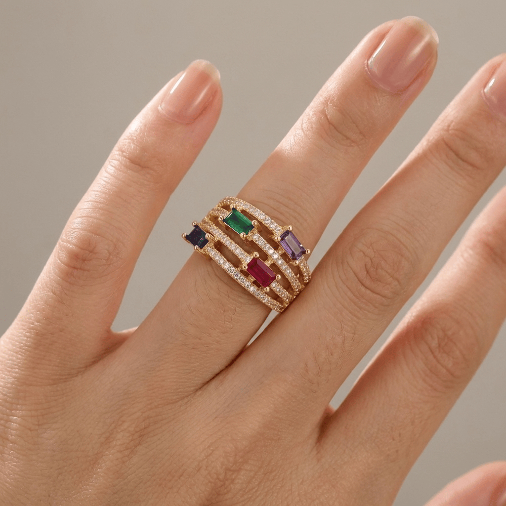 GOLD COLORFUL GEMSTONE RING - (ADJUSTABLE) by Harrison & James - ring product image 2