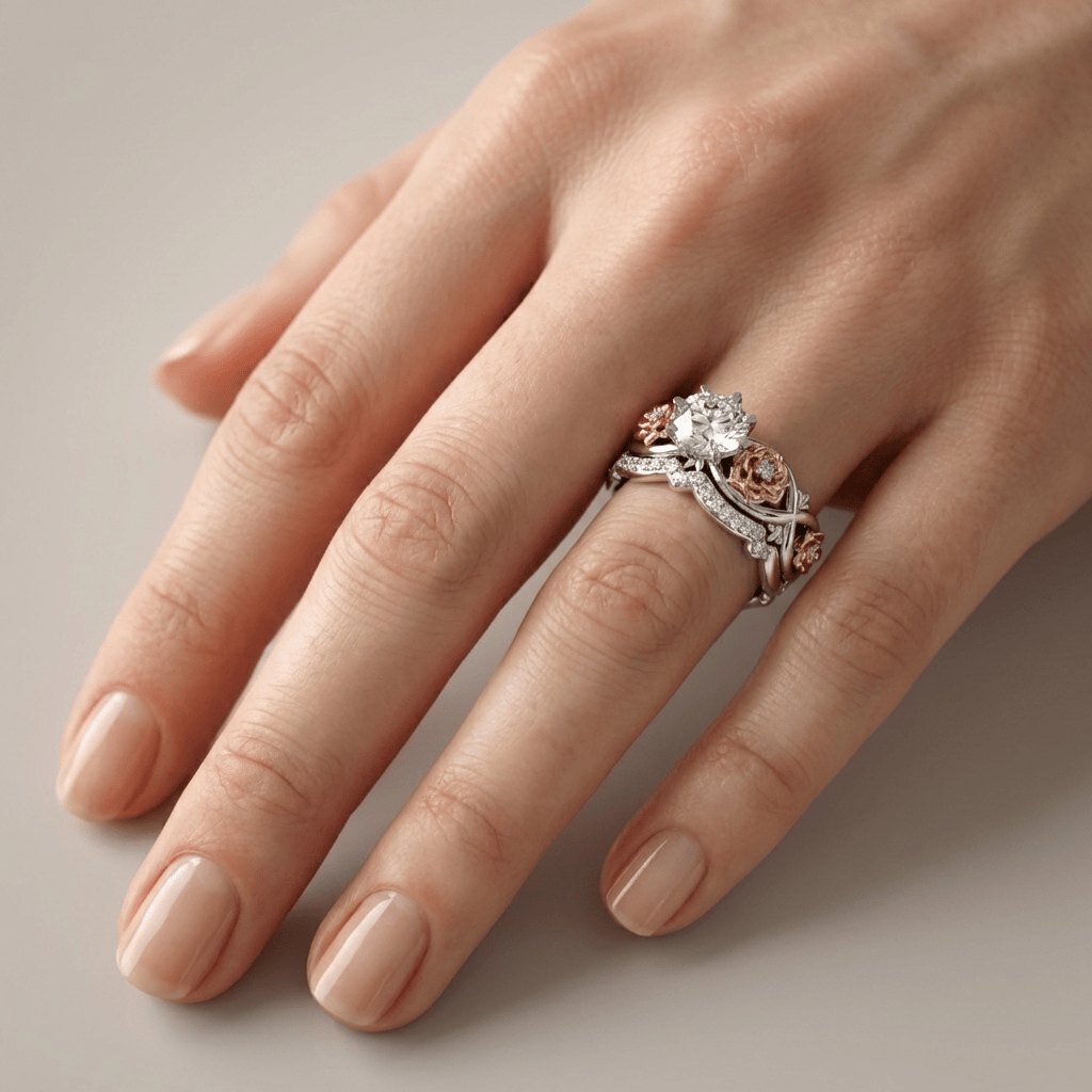 SILVER ROSE GOLD DIAMOND FLORAL RING by Harrison & James - ring product image 2