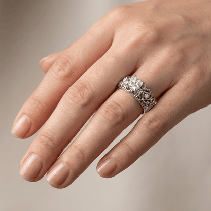 SILVER CUSHION DIAMOND CARVED RING by Harrison & James - ring product image 2