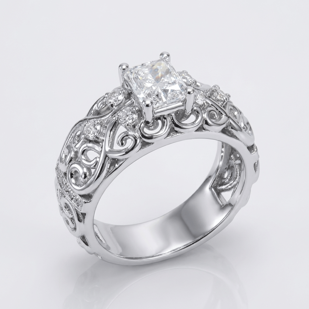 SILVER CUSHION DIAMOND CARVED RING by Harrison & James - ring product image 1