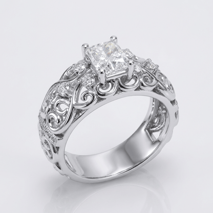 SILVER CUSHION DIAMOND CARVED RING by Harrison & James - ring product image 1