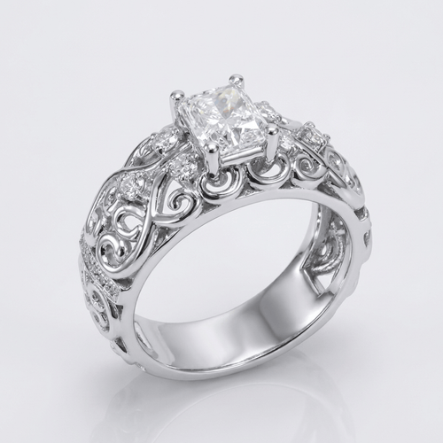 SILVER CUSHION DIAMOND CARVED RING by Harrison & James - ring product image 1