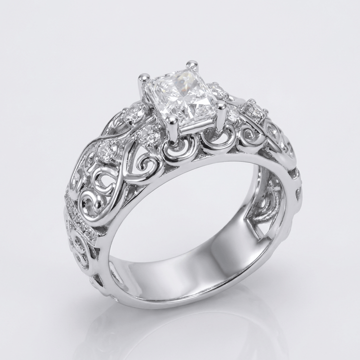 SILVER CUSHION DIAMOND CARVED RING by Harrison & James - ring product image 1
