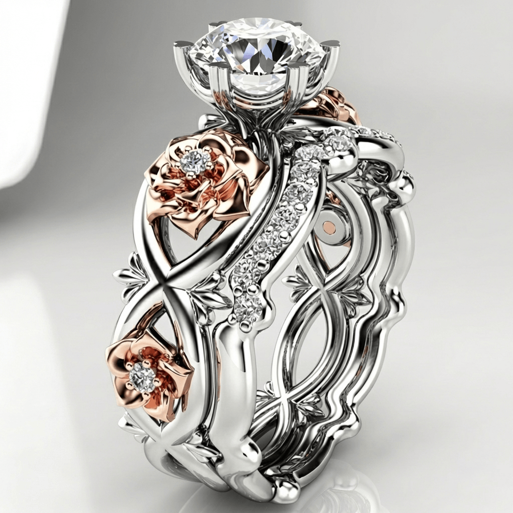 SILVER ROSE GOLD DIAMOND FLORAL RING by Harrison & James - ring product image 1
