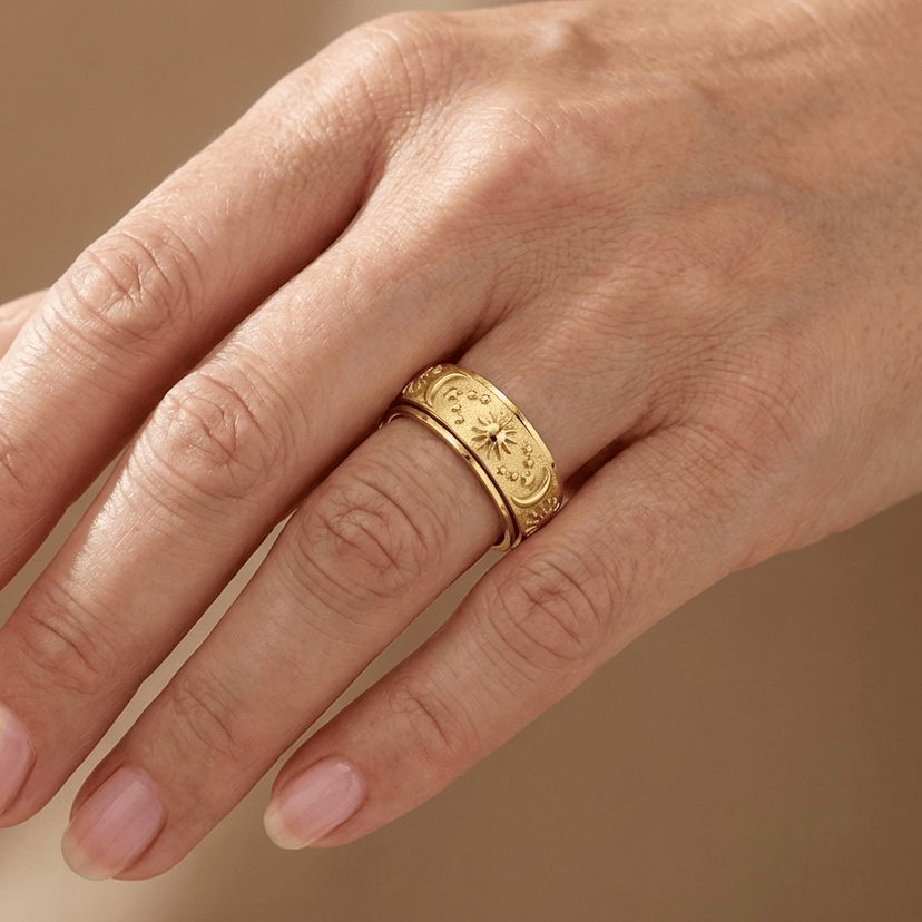 GOLD ROTATABLE CELESTIAL BAND RING by Harrison & James - ring product image 2