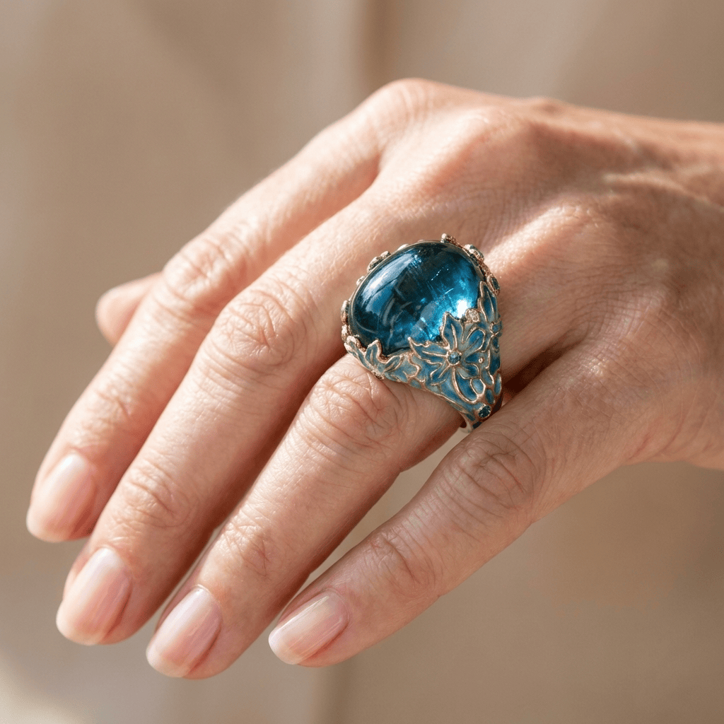 GOLD BLUE APATITE FLOWER RING by Harrison & James - ring product image 2