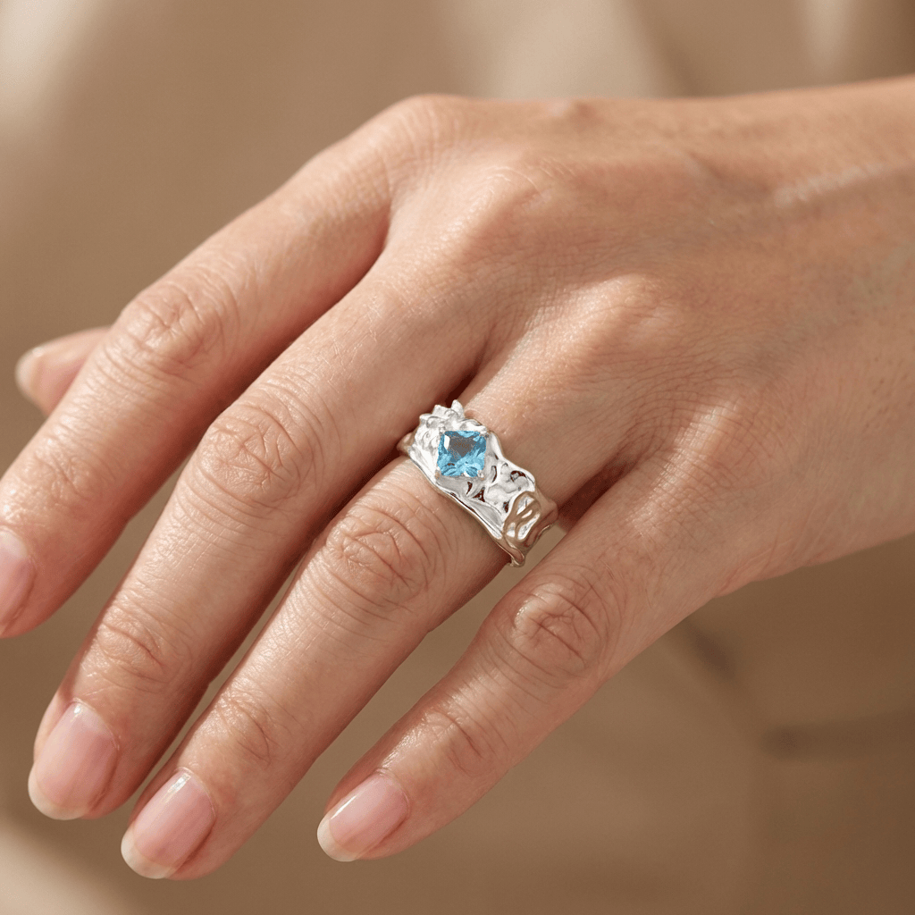 SILVER AQUAMARINE TEXTURED RING - (ADJUSTABLE) by Harrison & James - ring product image 2