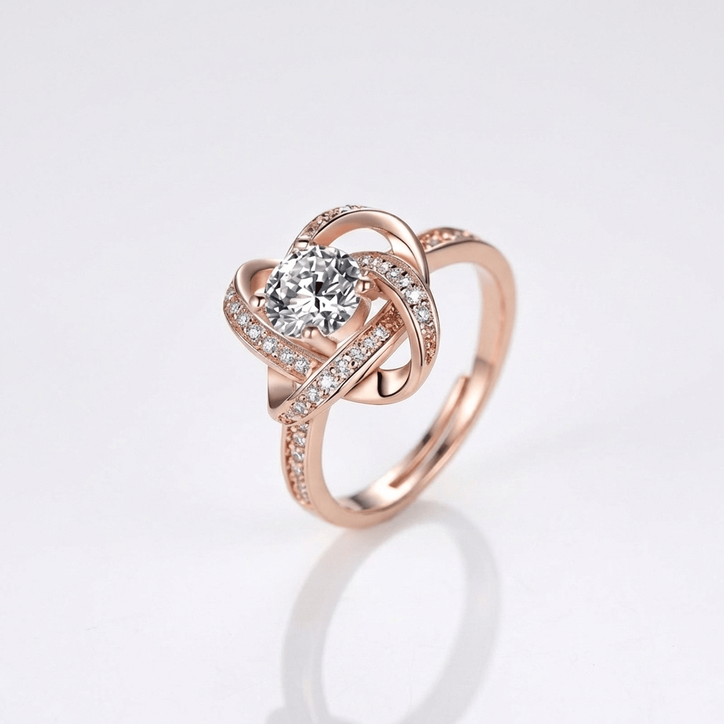 ROSE GOLD ZIRCONIA TWISTED KNOT RING - (ADJUSTABLE) by Harrison & James - ring product image 1