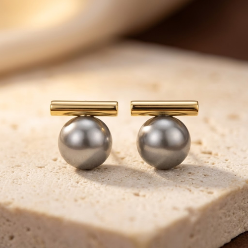 Gold Bar Pearl Stud Earrings by Harrison & James - earrings product image 1