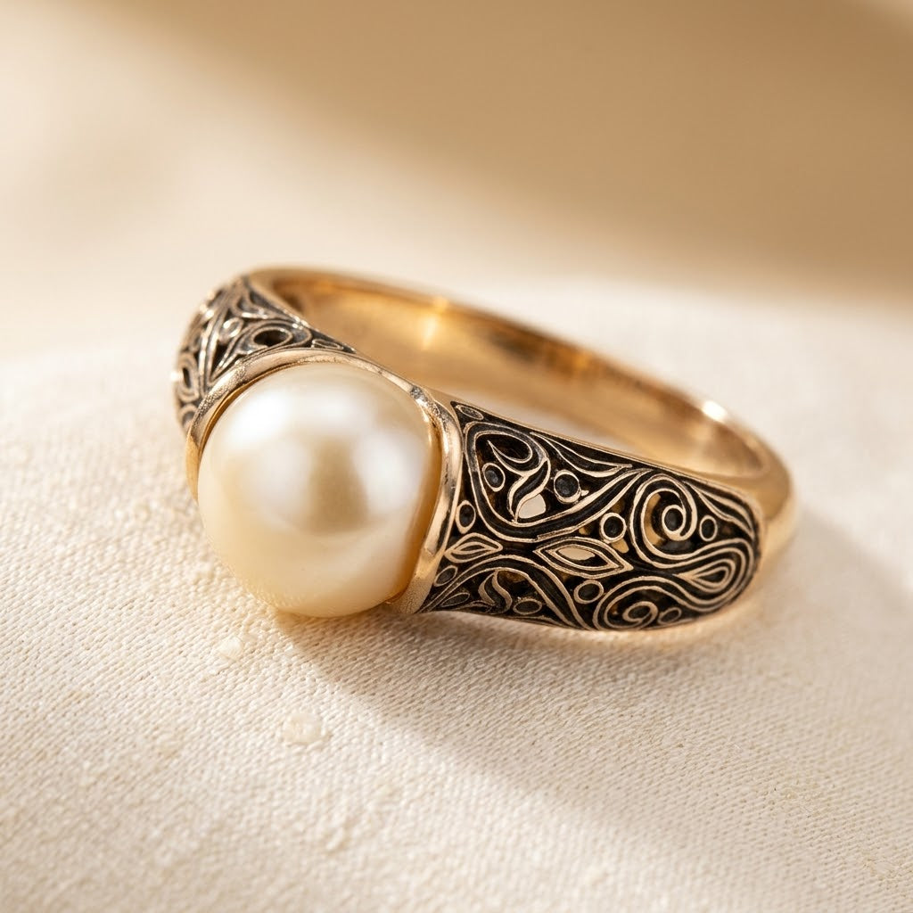 Gold Filigree Pearl Ring by Harrison & James - ring product image 1