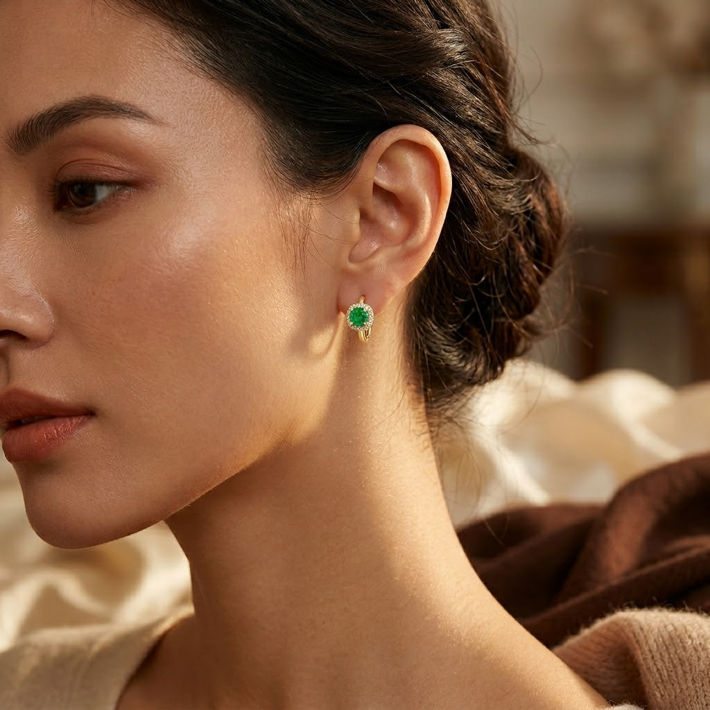 Gold Emerald Halo Hoop Earrings by Harrison & James - earrings product image 2