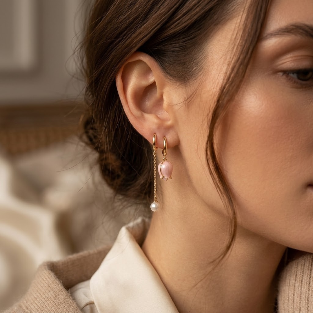 Gold Floral Pearl Drop Earrings by Harrison & James - earrings product image 2