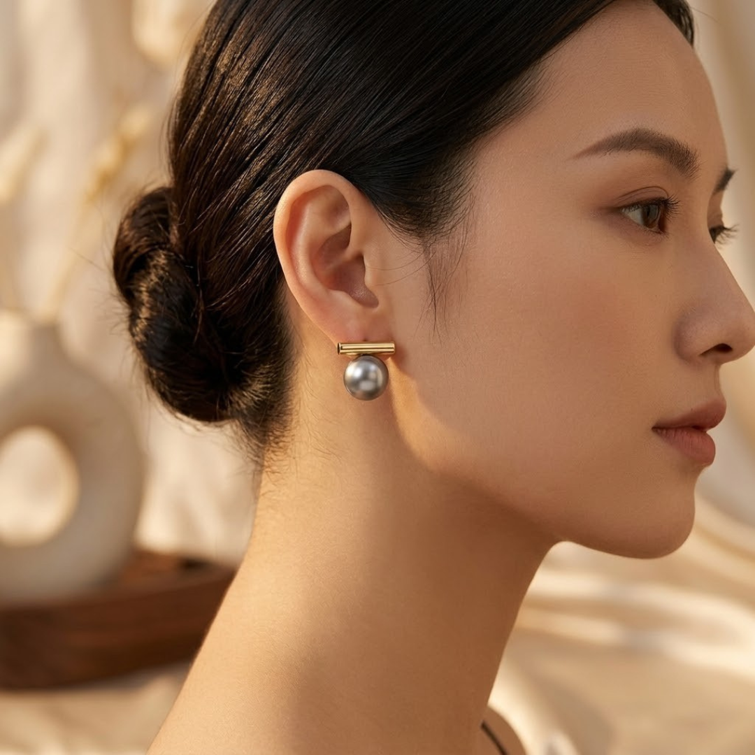 Gold Bar Pearl Stud Earrings by Harrison & James - earrings product image 2