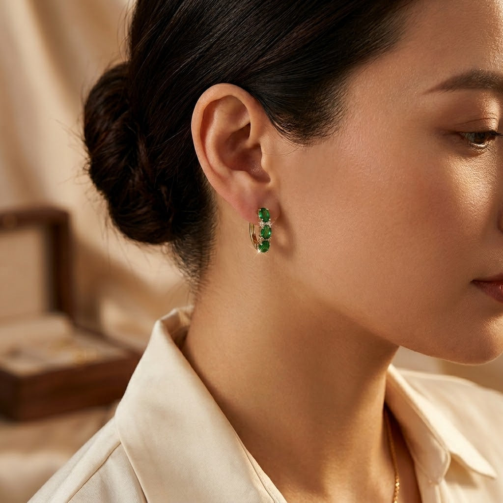 Gold Emerald Vertical Hoop Earrings by Harrison & James - earrings product image 2