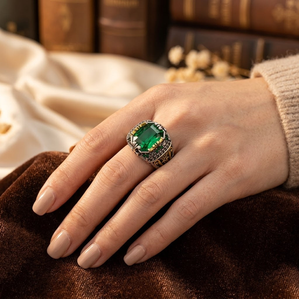 Silver Emerald Vintage Ring by Harrison & James - ring product image 2