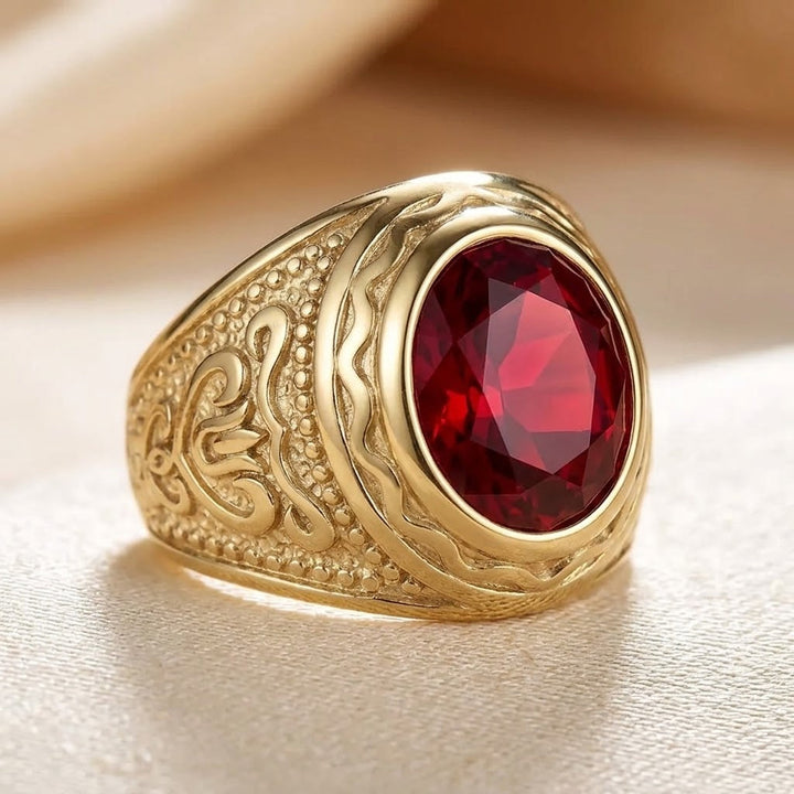 Gold Ruby Engraved Ring by Harrison & James - ring product image 1