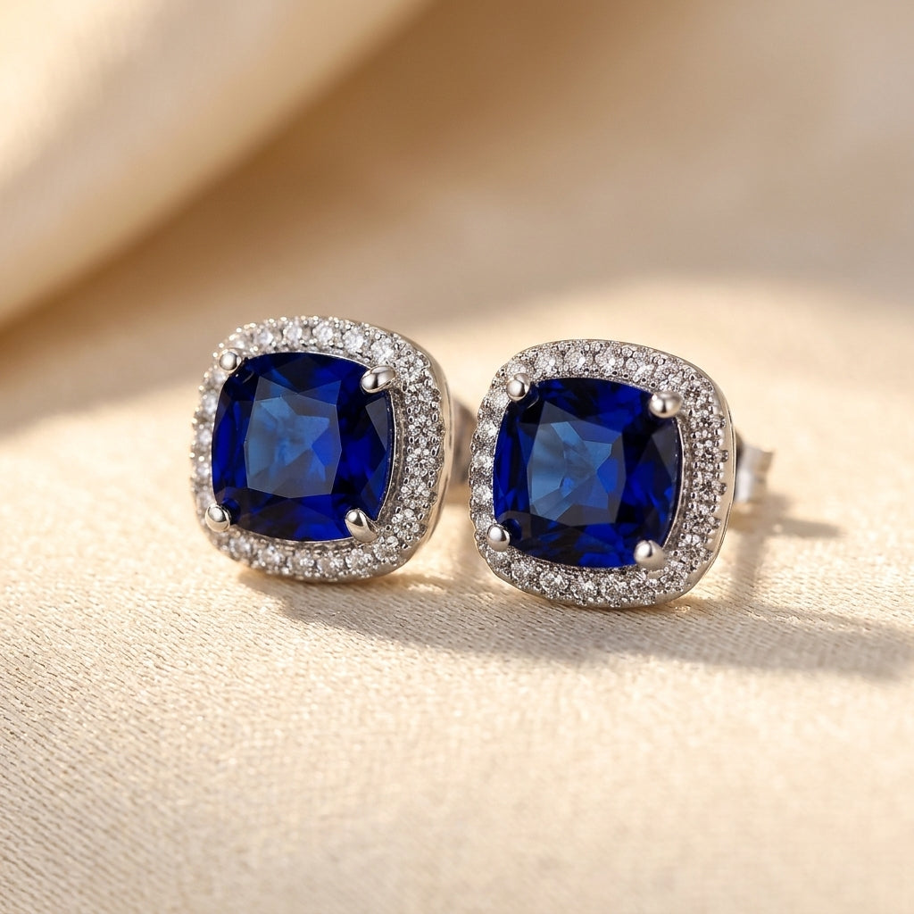 Silver Sapphire Halo Stud Earrings by Harrison & James - earrings product image 1
