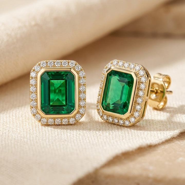 Gold Emerald Square Halo Stud Earrings by Harrison & James - earrings product image 1