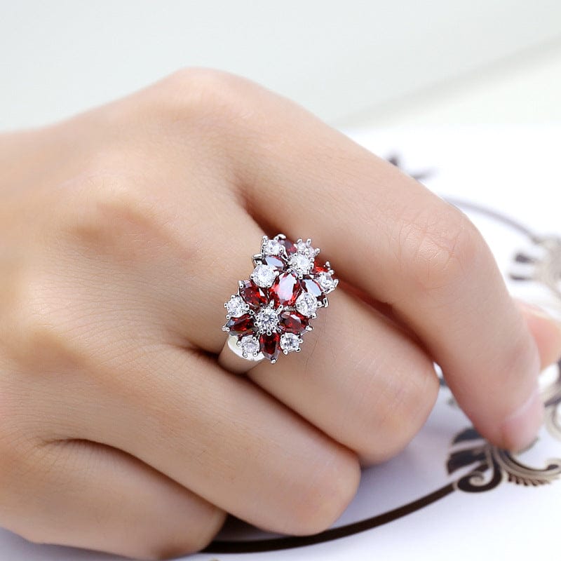 RED GARNET CLUSTER SILVER FLOWER RING by Harrison & James - ring product image 2