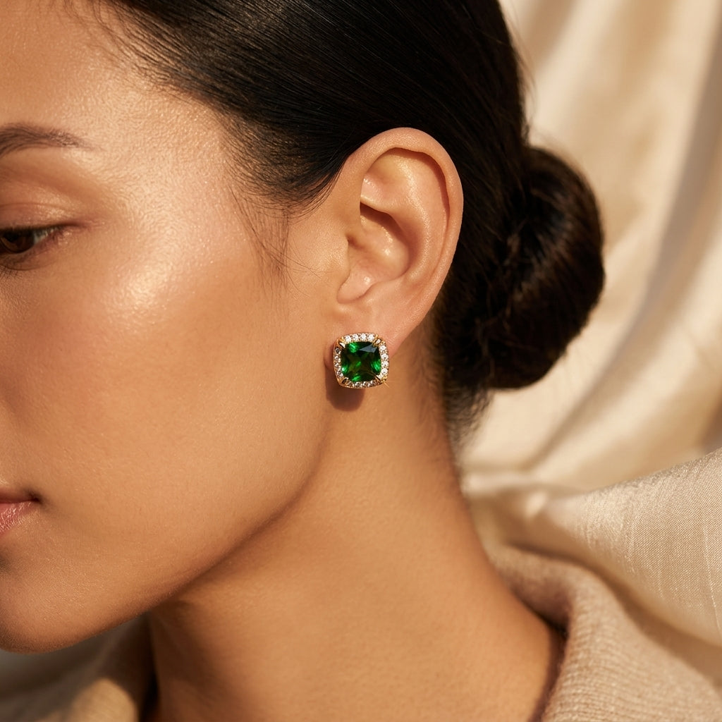 Gold Emerald Halo Stud Earrings by Harrison & James - earrings product image 2