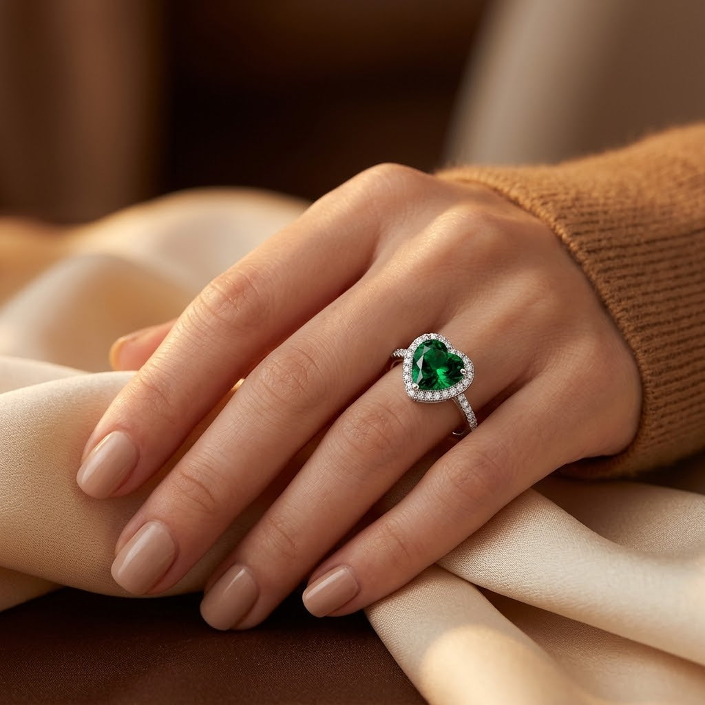 Silver Emerald Heart Halo Ring by Harrison & James - ring product image 2