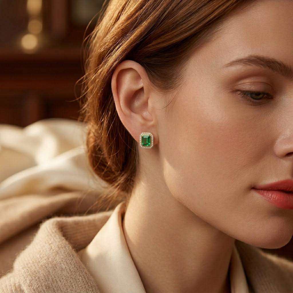 Gold Emerald Square Halo Stud Earrings by Harrison & James - earrings product image 2