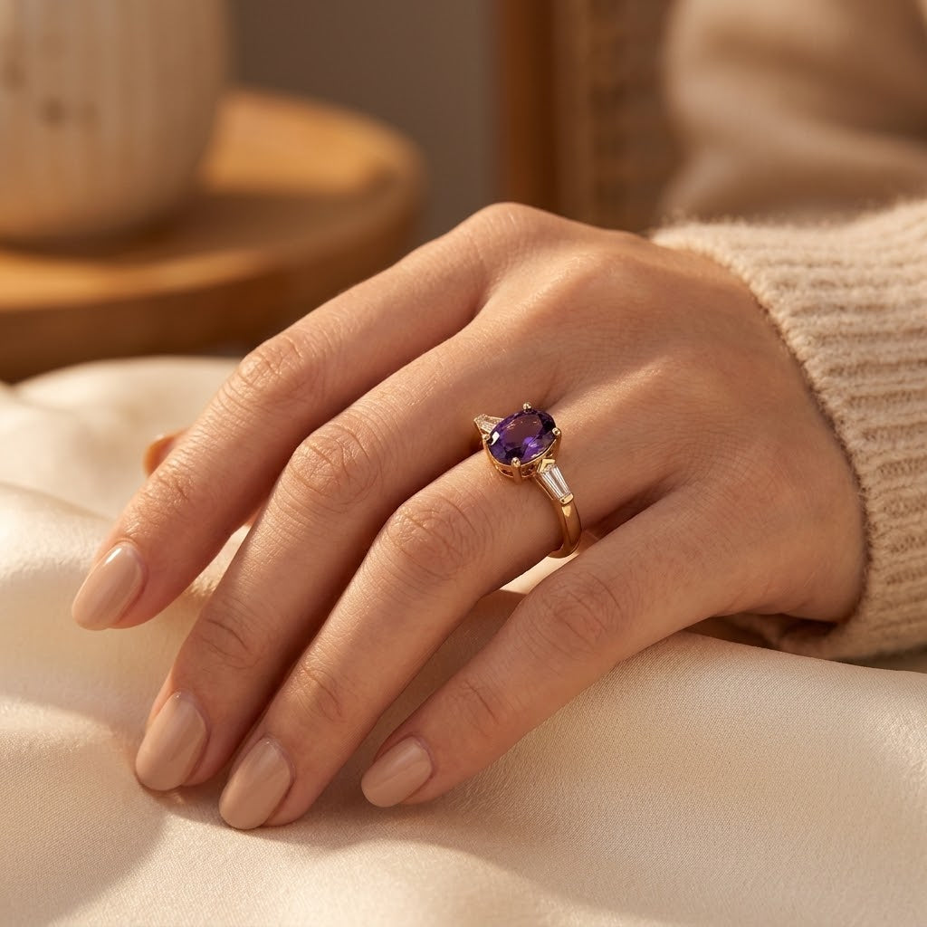 Gold Amethyst Three-Stone Ring by Harrison & James - ring product image 2